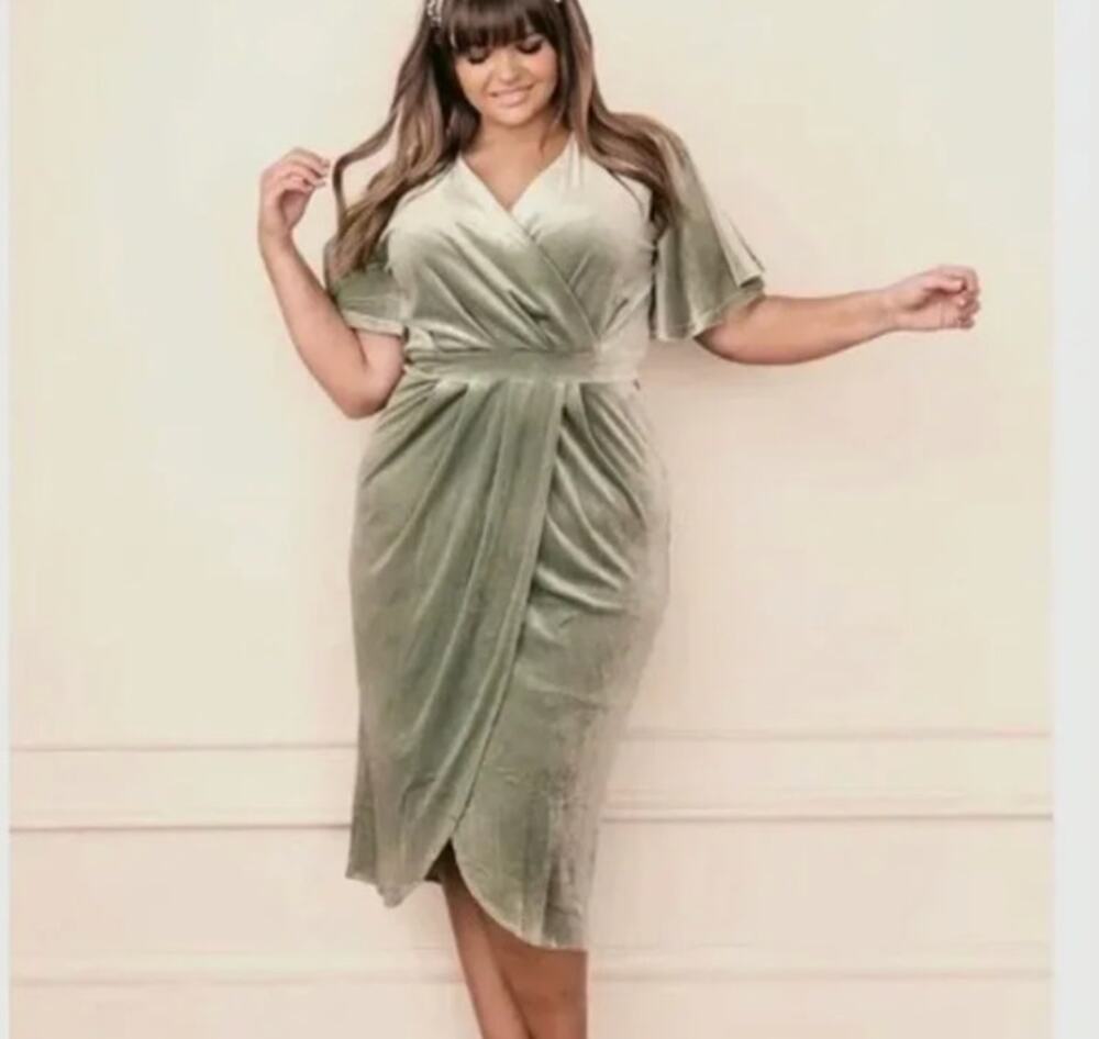Jessakae 5XL Sage Green Velvet Wrap Midi Dress Plus Size Flutter Sleeve Pockets